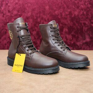 Valentino Women Marti Brown Leather Laceup V Logo Combat Boots sz 8